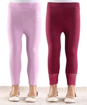 Honeyhap Premium Cotton Elastane Full Length Super Soft & Stretchable Legging With Bio Finish Solid Color Pack Of 2  - Orchid Bouquet & Red Plum