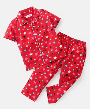 Babyhug Cotton Half Sleeves Night Suit Stars Print- Red