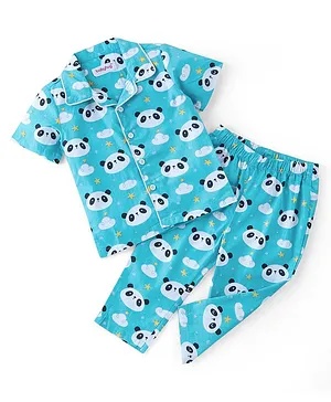 Babyhug Cotton Knit Half Sleeves Night Suit With Panda Print - Blue
