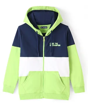 Pinekids Cotton Full Sleeves Front Open Hooded Biowashed Sweatshirts with Text Printed - Lime Punch