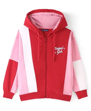 Pine Kids Cotton Full Sleeves Front Open Hooded Biowashed Sweatshirt with Text Printed - Red & Pink