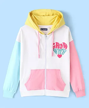 Pine Kids Cotton Knit Full Sleeves Front Open Hooded Biowashed Sweatshirt with Text Print - Blue Pink & Yellow