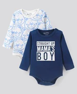 Bonfino 100% Cotton Full Sleeves Onesies With Teddy Bear Print & Text Print Pack of 2 - Navy & White