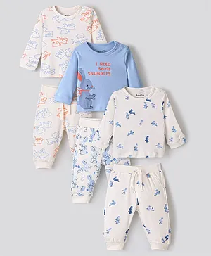 Bonfino 100% Cotton Full Sleeves Night Suit With Bunny & Teddy Print Pack Of 3 - Blue & White