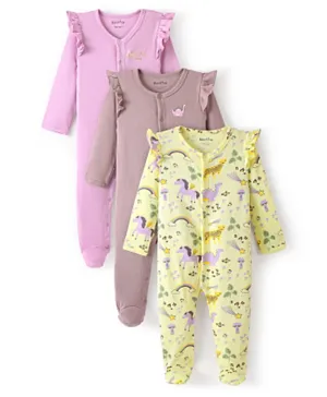 Bonfino 100% Cotton Knit Full Sleeves Footed Sleep Suit With Wild Animals Print Pack Of 3 - Brown Yellow & Pink