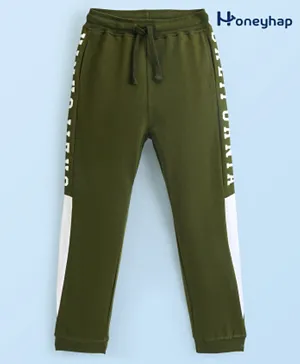 Honeyhap Premium 100% Cotton Looper Text Printed Full Length Lounge Pant with Bio Finish -  Winter Moss Green