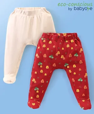 Babyoye 100% Cotton With Eco Jiva Finish Full Length Diaper Leggings Bear & Tree Print Pack of 2- Pink & Red