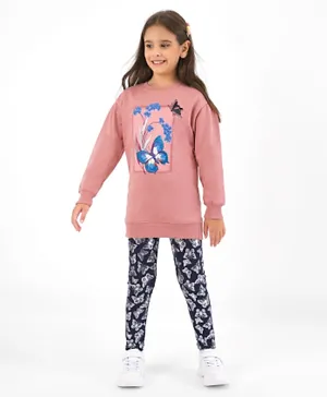 Primo Gino 100% Cotton Full Sleeves Winter Wear Set With Butterfly Print - Pink