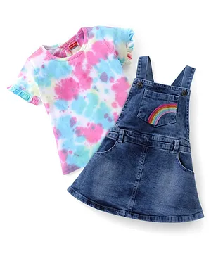 Babyhug Cotton Spandex Denim Frock with Half Sleeves Tie Die Print Inner Tee - Blue