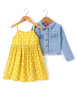 Babyhug Knit Polka Dots Printed Frock with Full Sleeves Denim Jacket - Yellow