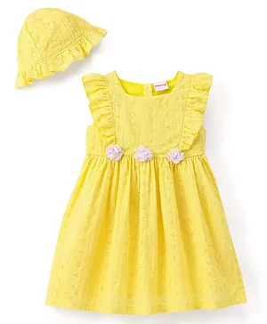 Babyhug 100% Cotton Knit Schiffli Sleeveless Frock  With Cap - Yellow