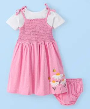 Babyhug Knit Floral Printed Smocking Frock with Half Sleeves Inner Tee with Bloomer - Pink