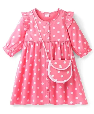 Babyhug Rayon Full Sleeves Polka Dot Printed Dress With Sling Bag - Pink