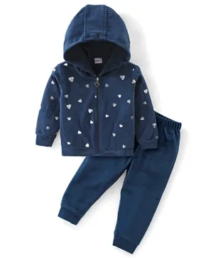 Babyhug Velour Knit Full Sleeves Hooded Winter Wear Suit Heart Print - Navy Blue
