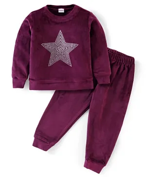 Babyhug Velour Knit Full Sleeves Winter Wear Sweatshirt & Lounge Pant Set Star Print - Maroon