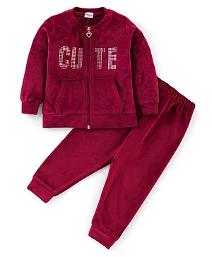 Babyhug Velour Knit Full Sleeves Winter Wear Sweatshirt & Lounge Pant Set Text Print - Maroon
