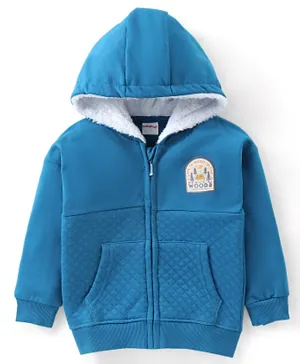 Babyhug Cotton Knit Full Sleeves Quilted Front Open Sweatjacket With Zipper & Hood - Blue