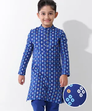 Earthy Touch Cotton Knit Full Sleeves Ethnic Kurta & Pajama Set Bandhej  Print - Royal Blue