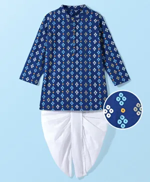 EARTHY TOUCH 100% Cotton Knit Full Sleeves Bandhani Printed Kurta with Dhoti - Royal Blue & White