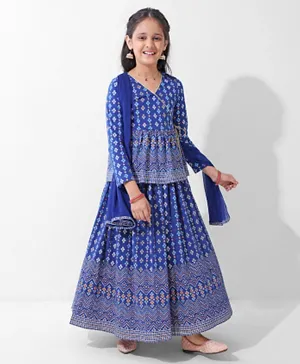 Earthy Touch 100% Cotton Knit Full Sleeves Choli with Lehanga Bandhani Print - Royal Blue