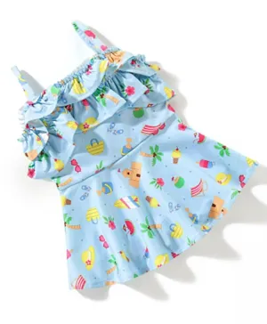 Babyhug Singlet Sleeves Ruffle & Beach Detailing Swimsuit Frock - Blue