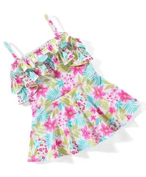 Babyhug Singlet Sleeves Ruffle & Floral Detailing Swimsuit Frock - Multicolour