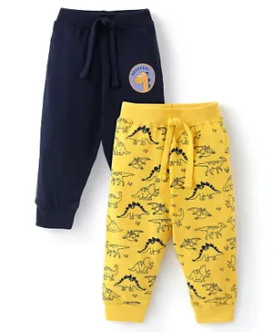 Babyhug Cotton Knit Full Length Lounge Pants with Draw Cord & Dino Print Pack of 2 - Navy & Yellow