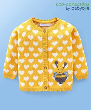Babyoye Eco-Conscious 100% Cotton Full Sleeves Front Open Sweater Heart Design with Embroidered Honeybee - Yellow