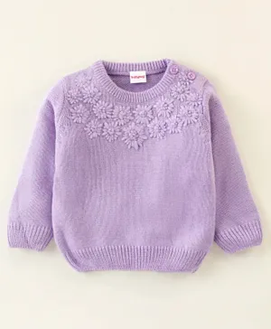 Babyhug 100% Acrylic Full Sleeves Sweater With Cable Knit Floral Design - Purple