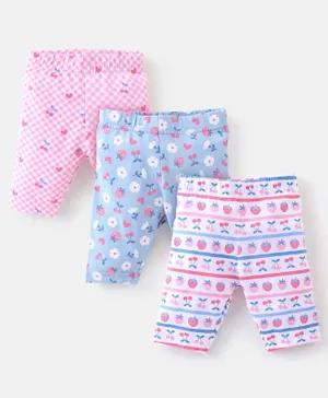 Babyhug Cotton Lycra Three Fourth Leggings Checks & Floral Print Pack Of 3- Pink & Blue
