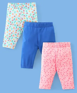Babyhug Single Jersey Three Fourth Length Leggings Solid & Floral Print Pack Of 3 - Pink Blue & Green