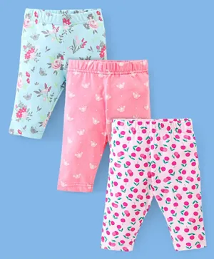 Babyhug Cotton Three Fourth Lycra Leggings Floral & Butterfly Print Pack of 3- Pink Green & White