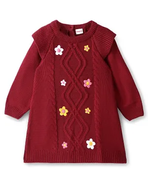 Babyhug Full Sleeves Woollen Dress with Floral Design - Maroon