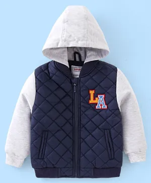 Babyhug Woven Full Sleeves Quilted Winter Jacket Text Embroidery - Navy Blue