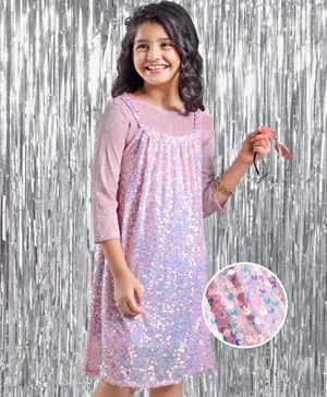 Hola Bonita Full Sleeves Party Frock With Sequin & Shimmer Detailing - Pink