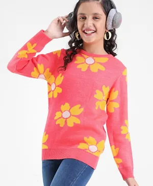 Pine Kids 100% Acrylic Knit Full Sleeves Sweater With Floral Design - Pink & Yellow