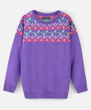 Pine Kids Full Sleeves Fine Knit Floral Sweater - Purple