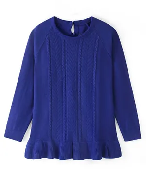 Pine Kids Acrylic Full Sleeves Sweater With Cable Knit Ruffle - Navy Blue