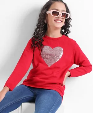 Pine Kids 100% Acrylic Knit Full Sleeves Sequience Heart Embroidery Sweater - Red