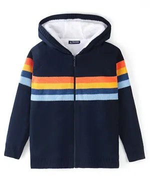 Pine Kids Acrylic Full Sleeves Hooded Sweater with Zipper & Multicolour Stripes Design - Navy Blue