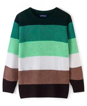 Pine Kids Acrylic Full Sleeves Fine Knit Sweater Striped - Green Brown & White