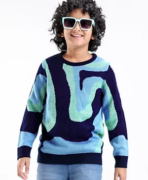 Pine Kids 100% Acrylic Knit Full Sleeves Waves Structured Sweater - Blue