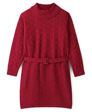 Pine Kids 100% Acrylic Knit Full Sleeves Woollen Dress with Belt Cable Knit Design - Red