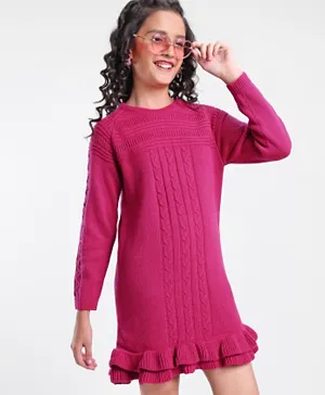 Pine Kids Full Sleeves Solid Woollen Dress Cable Knit Design- Pink