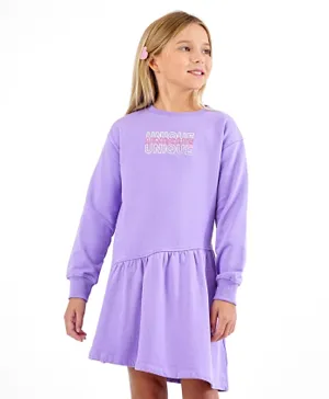 Primo Gino 100% Cotton Terry Fabric Full Sleeves High Low Winter Frocks Text Print - Purple
