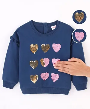 Babyhug Cotton Knit Full Sleeves Drop Shoulder Sweatshirt with Sequins & Frill Detailing - Navy Blue