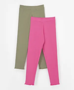 Primo Gino Full Length Cotton Elastane Knit Solid Leggings Pack of 2 - Pink & Green