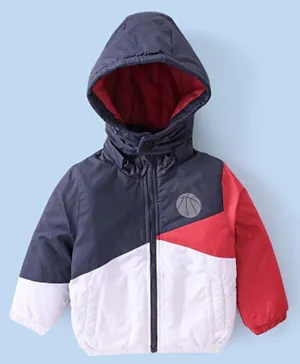 Babyhug Woven Full Sleeves Jacket With Detachable Hood - White Red & Blue