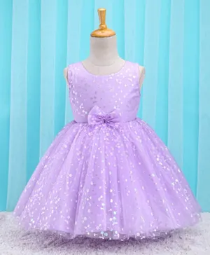 Babyhug Sleeveless Party Frock With Foil Print & Bow Applique- Lilac