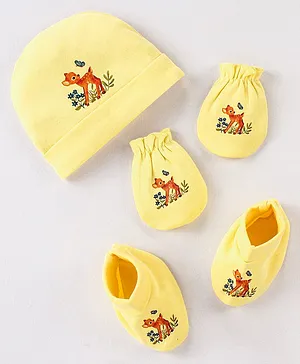 Doodle Poodle 100% Cotton Deer Print Cap Mittens & Booties Set Yellow  - Diameter 11.5 cm